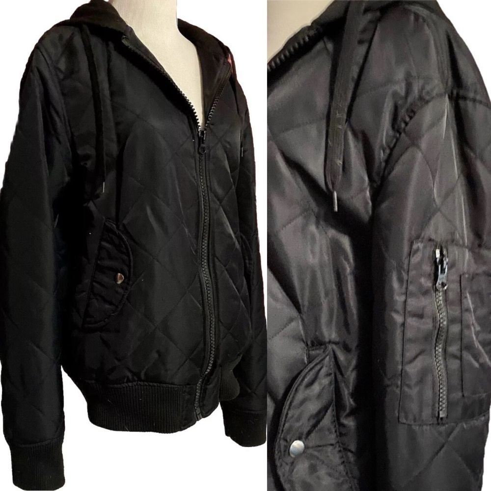 American Rag Jacket, Black Quilted Bomber Jacket Coat W/ Hood, Size Small, EUC